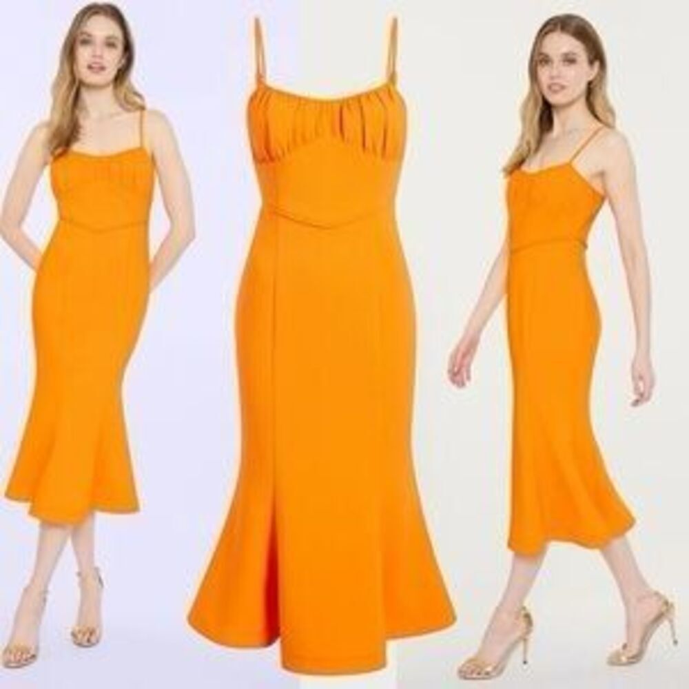 NEW Likely Lyla Trumpet Midi Dress in Orange Size 10